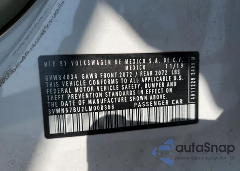 2020 Volkswagen Jetta S из США, поврежденный, VIN 3VWN57BU2LM008356